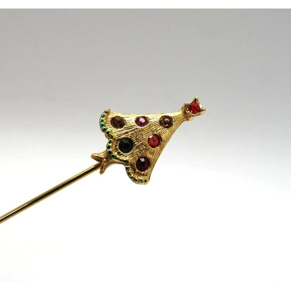 Vintage Christmas Tree Stick Pin 3" Brooch Gold Tone Red Green Rhinestones - Picture 1 of 7